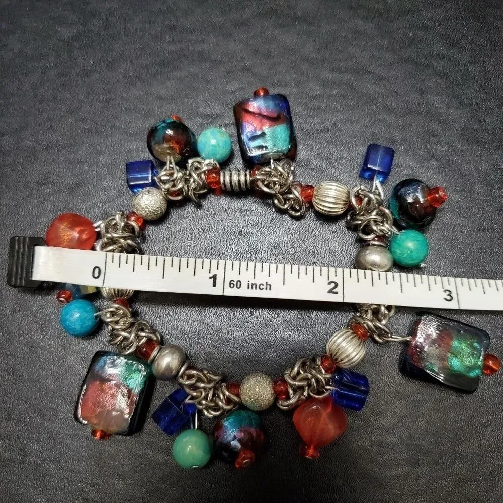 Silver tone beaded bracelet colorful 6.5